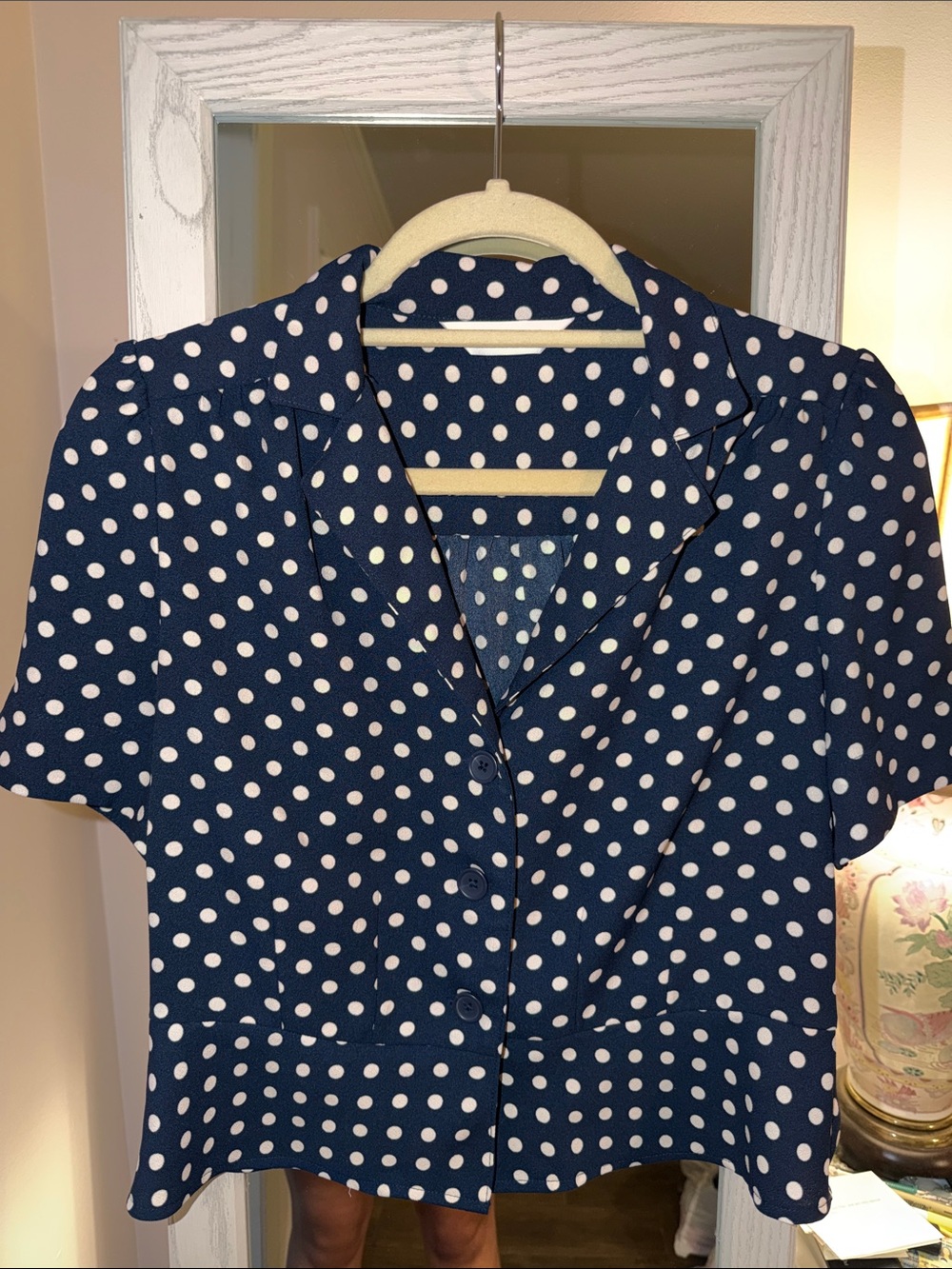 LC Lauren Conrad Vintage 50s Navy and White Polka Dot Blouse